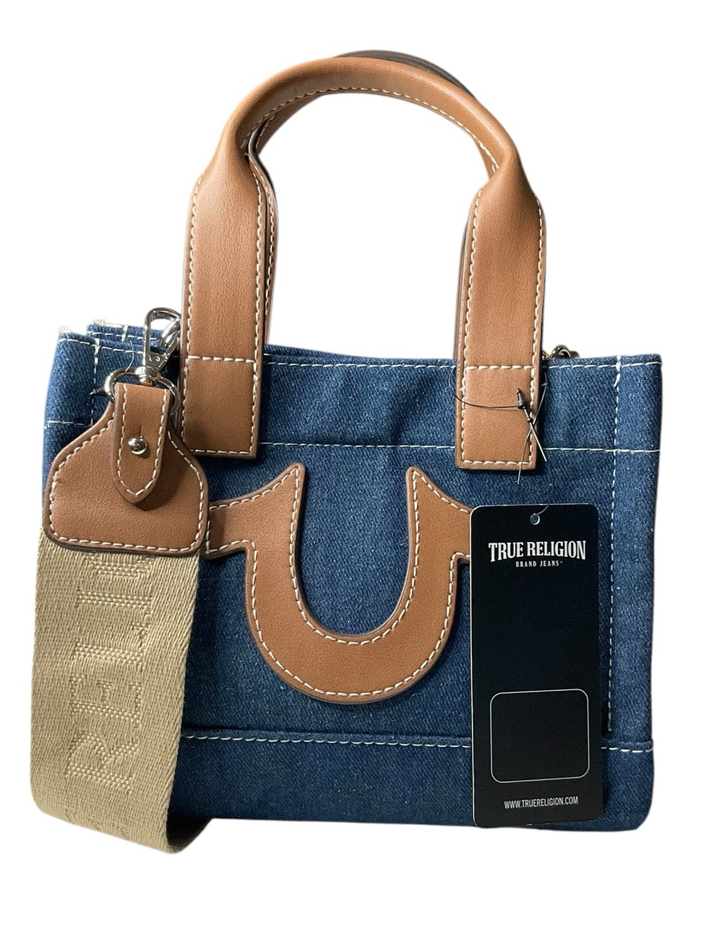 True Religion Blue Denim Mini Tote with Tan Trim